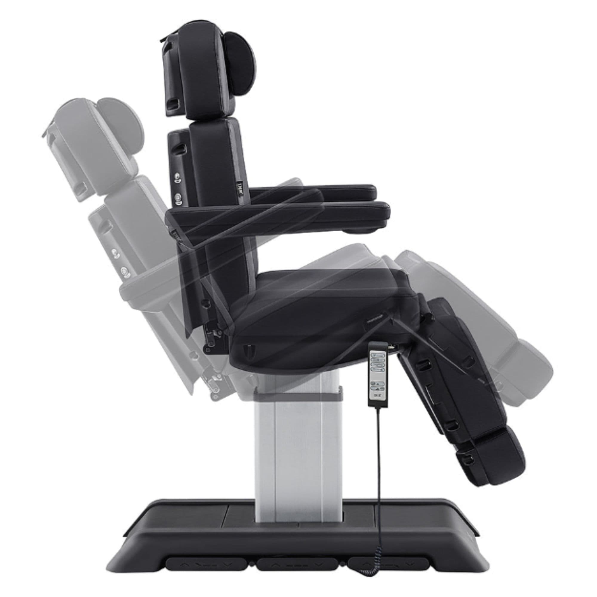 Sydney Quad-Motor Esthetician Treatment Chair Black Side View Demonstrating Chair And Stirrup Adjustment Positions On White Background