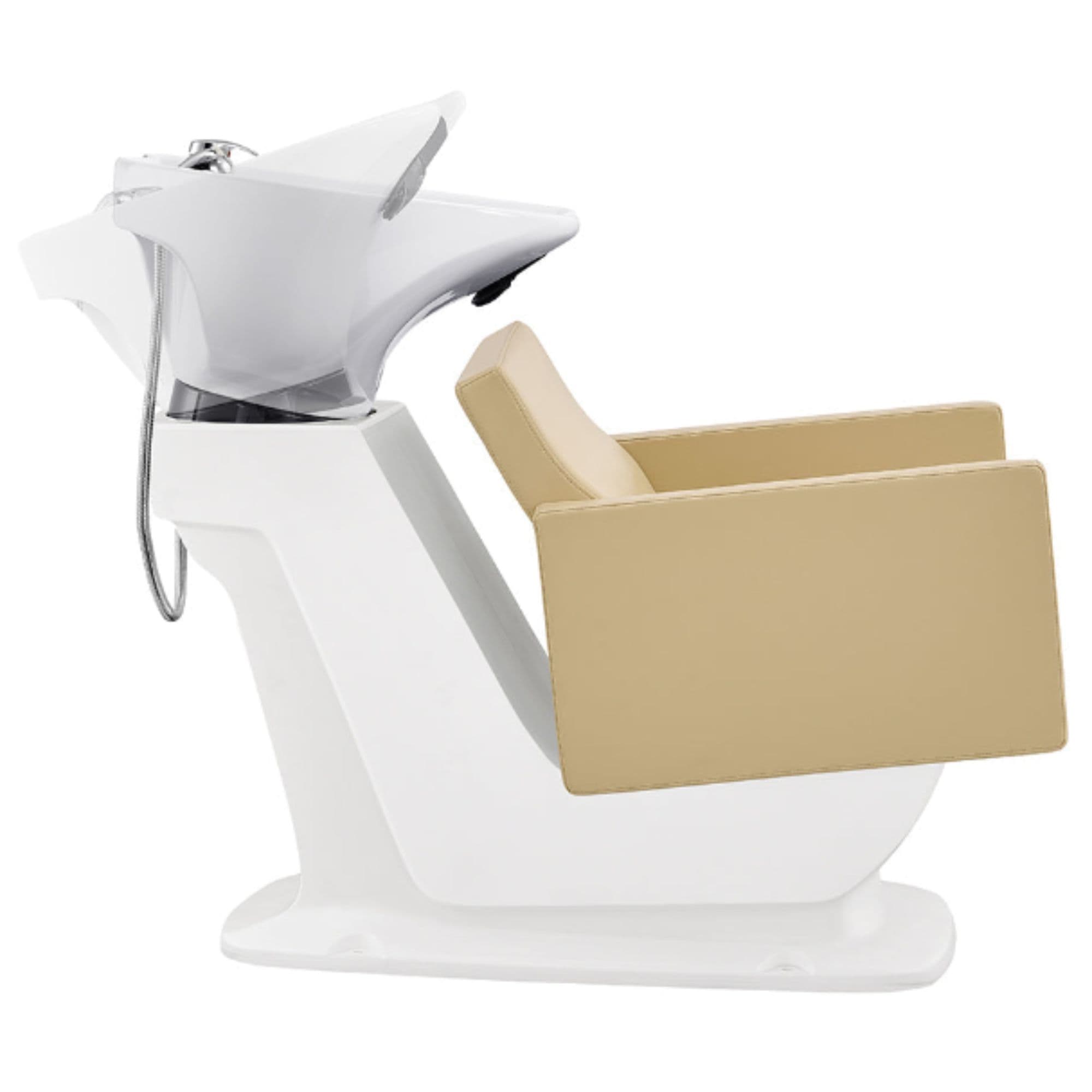 Takaran Adjustable Shampoo Backwash Unit Beige Side View Of White Single Shampoo Wash Station With Demo