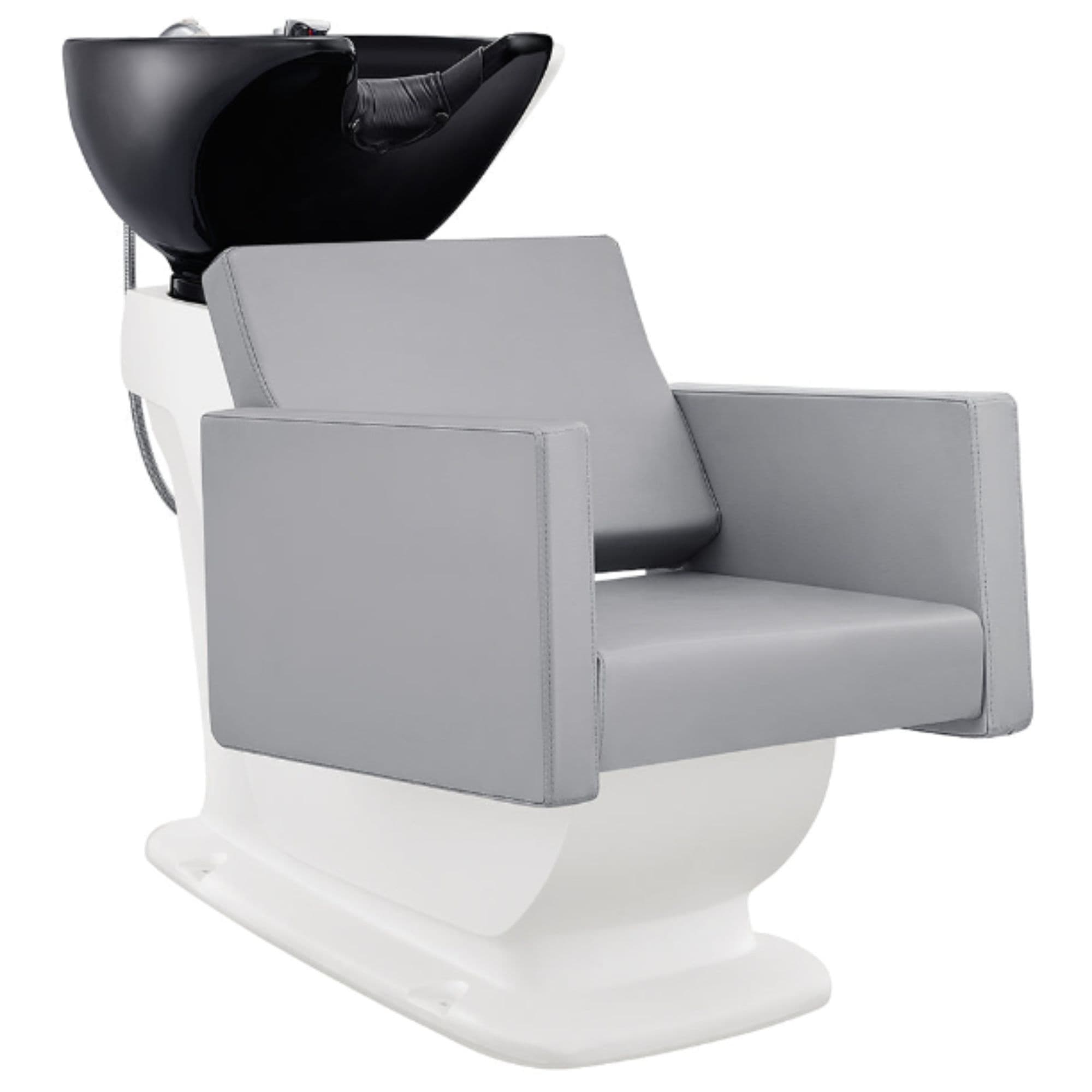 Takaran Adjustable Shampoo Backwash Unit Gray Front Angled View Of Black Single Shampoo Wash Station On White Clean Background