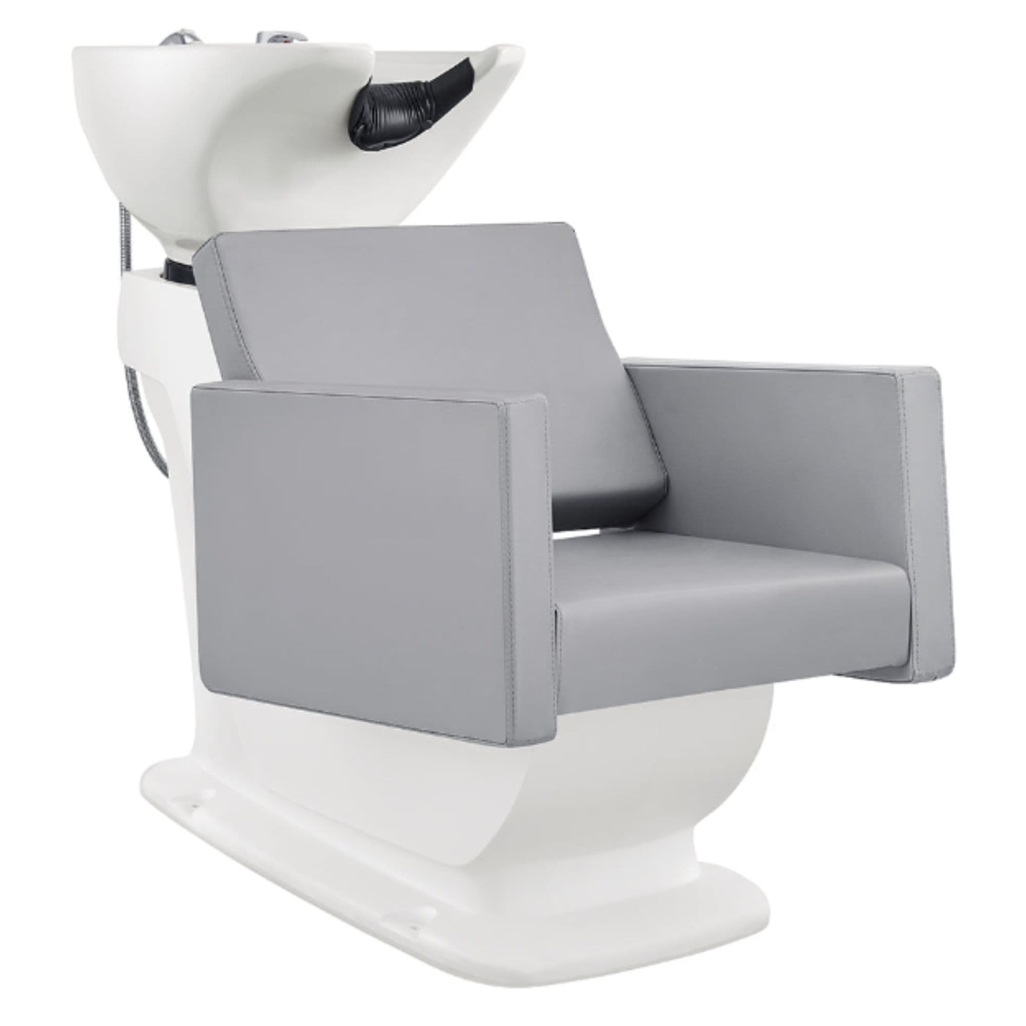 Takaran Adjustable Shampoo Backwash Unit Gray Front Angled View Of White Single Shampoo Wash Station On White Clean Background