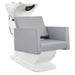 Takaran Adjustable Shampoo Backwash Unit Gray Front Angled View Of White Single Shampoo Wash Station On White Clean Background
