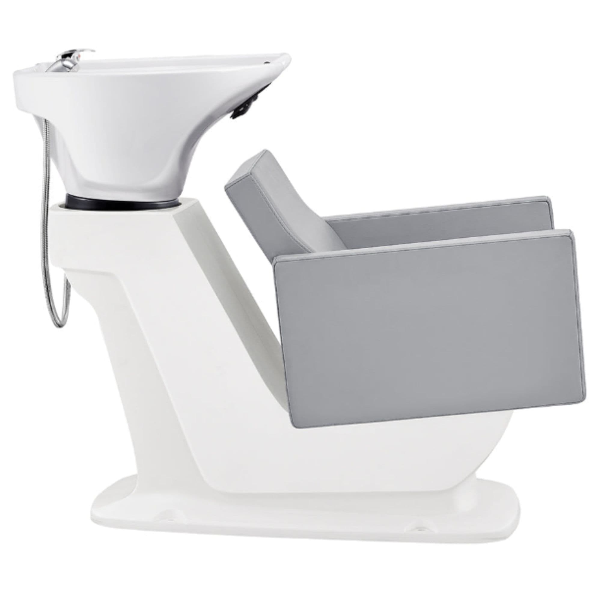 Takaran Adjustable Shampoo Backwash Unit Gray Side View Of White Single Shampoo Wash Station On White Clean Background