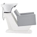 Takaran Adjustable Shampoo Backwash Unit Gray Side View Of White Single Shampoo Wash Station On White Clean Background