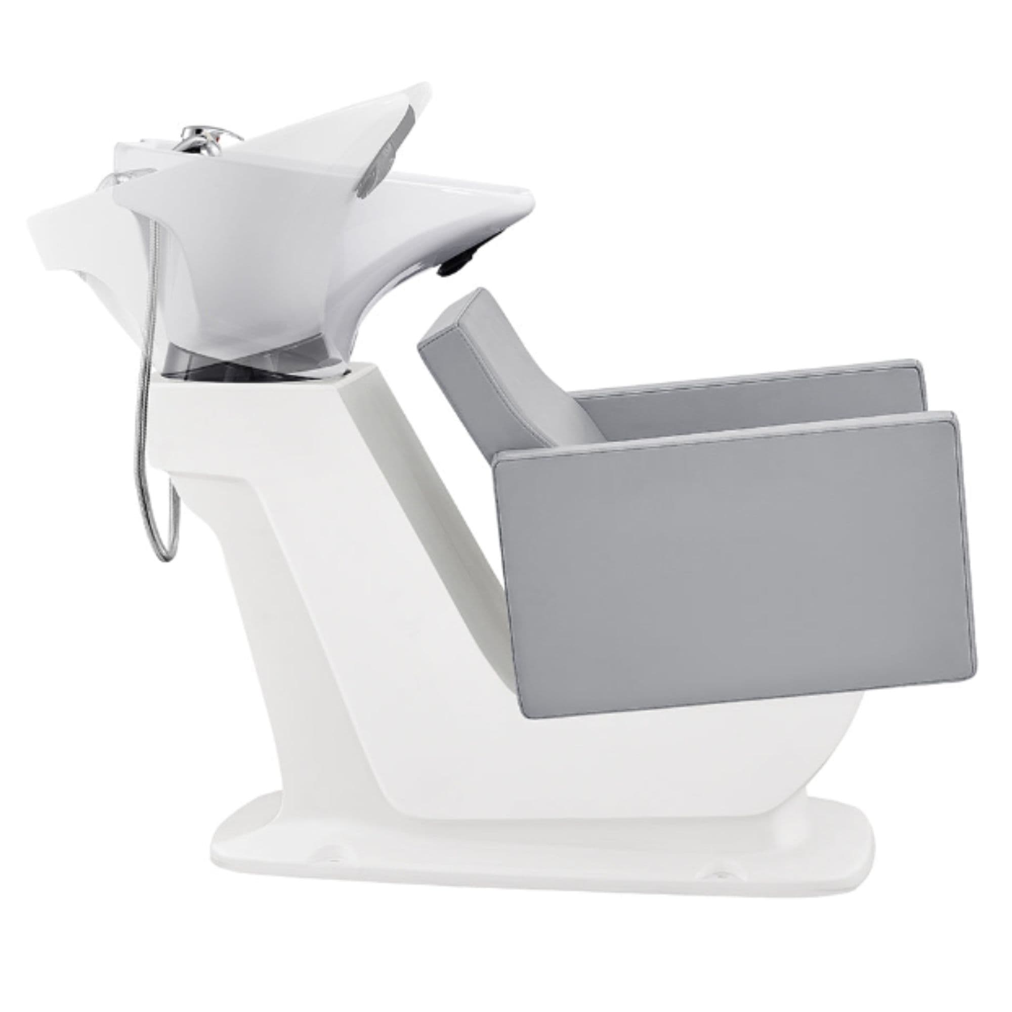 Takaran Adjustable Shampoo Backwash Unit Gray Side View Of White Single Shampoo Wash Station With Demo