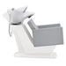 Takaran Adjustable Shampoo Backwash Unit Gray Side View Of White Single Shampoo Wash Station With Demo