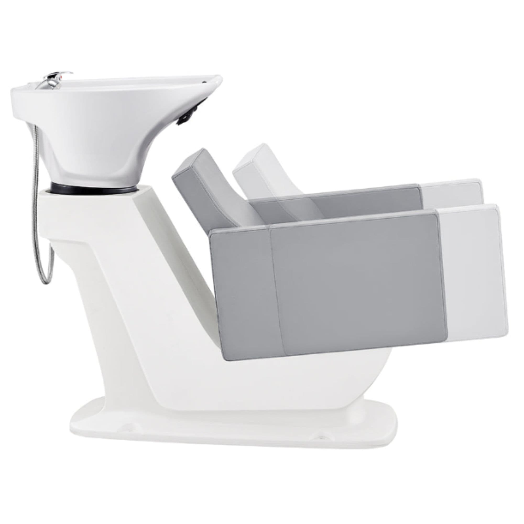 Takaran Adjustable Shampoo Backwash Unit Gray Side View Of White Single Shampoo Wash Station With The Seat Adjustment Demo