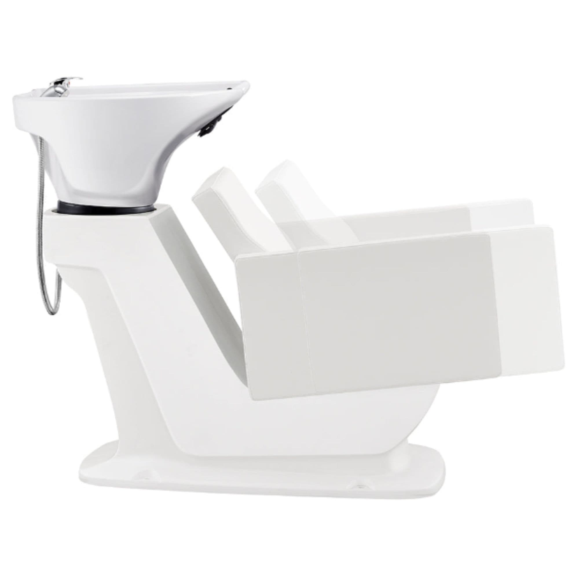 Takaran Adjustable Shampoo Backwash Unit White Side View Of White Single Shampoo Wash Station With Seat Adjustment Demo