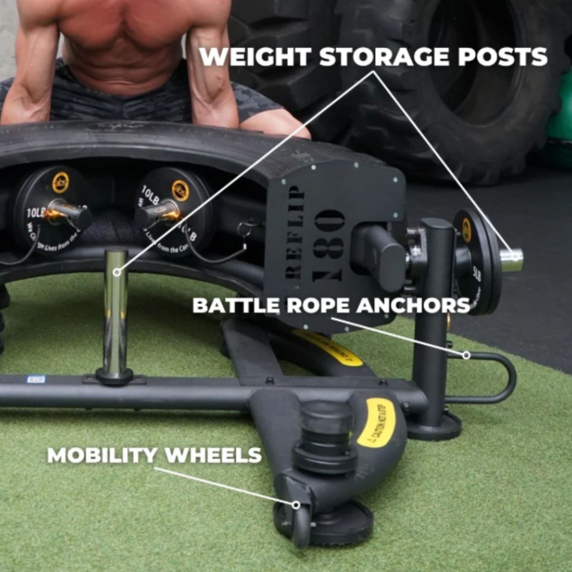 The Abs Company Tire Flip Close-up Of Built-In Storage And Training Features With A Man Behind