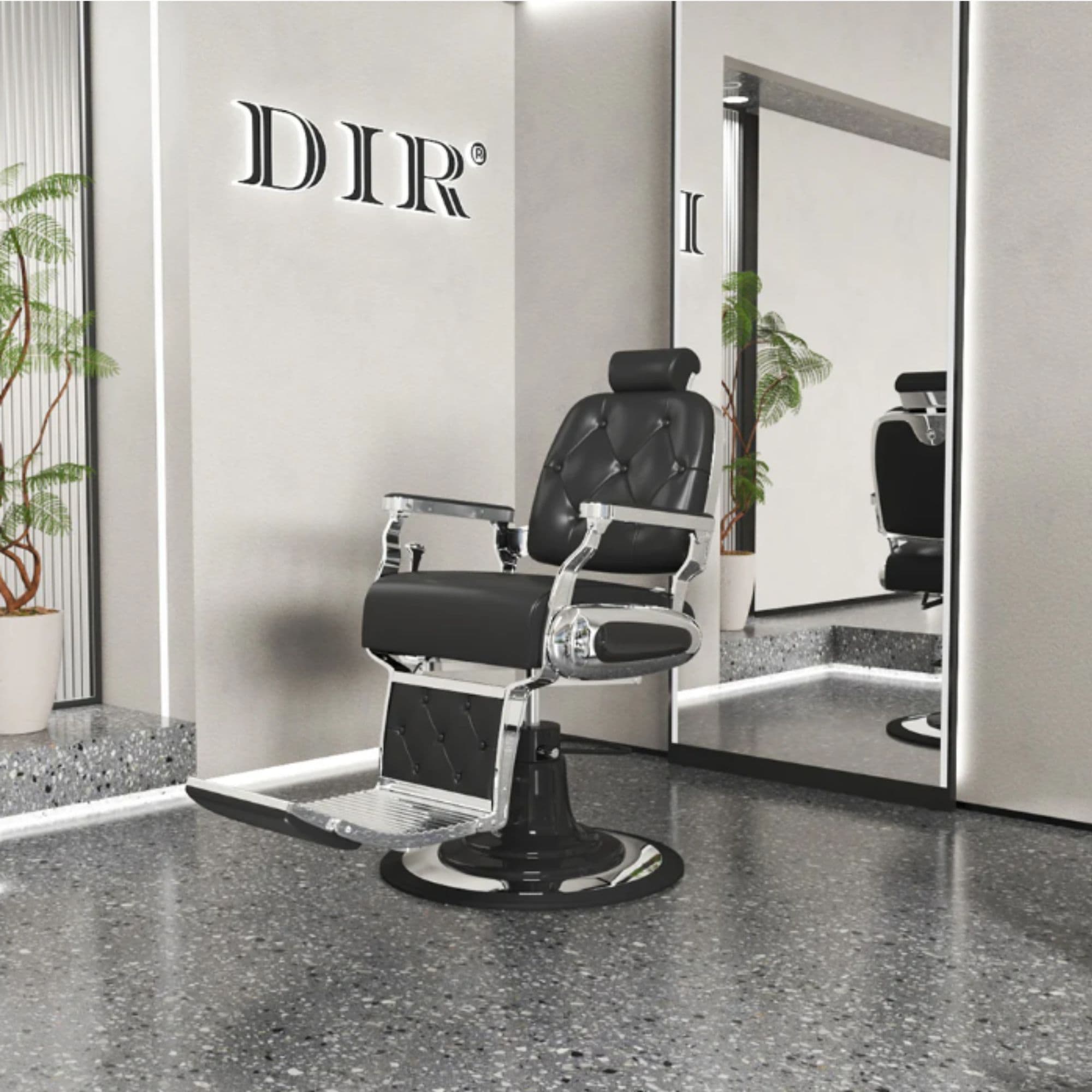 Titan Hydraulic Barber Chair Black Variant Front Angled View With Tall Mirror And Brand Name In The Background