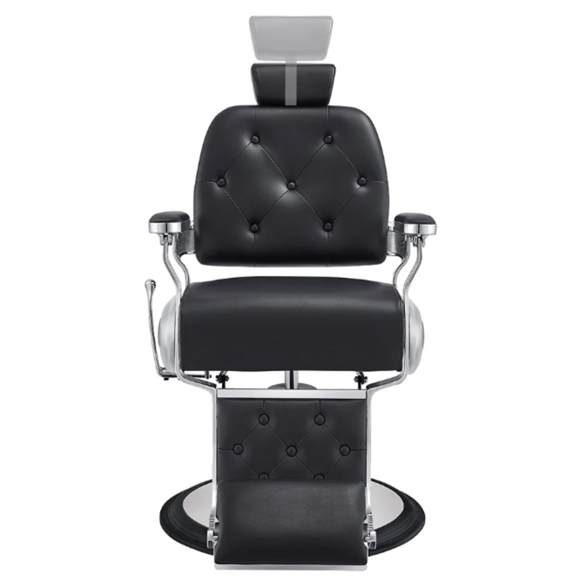 Titan Hydraulic Barber Chair Black Variant Front View Demonstrating Pull Out Headrest Range On White Background