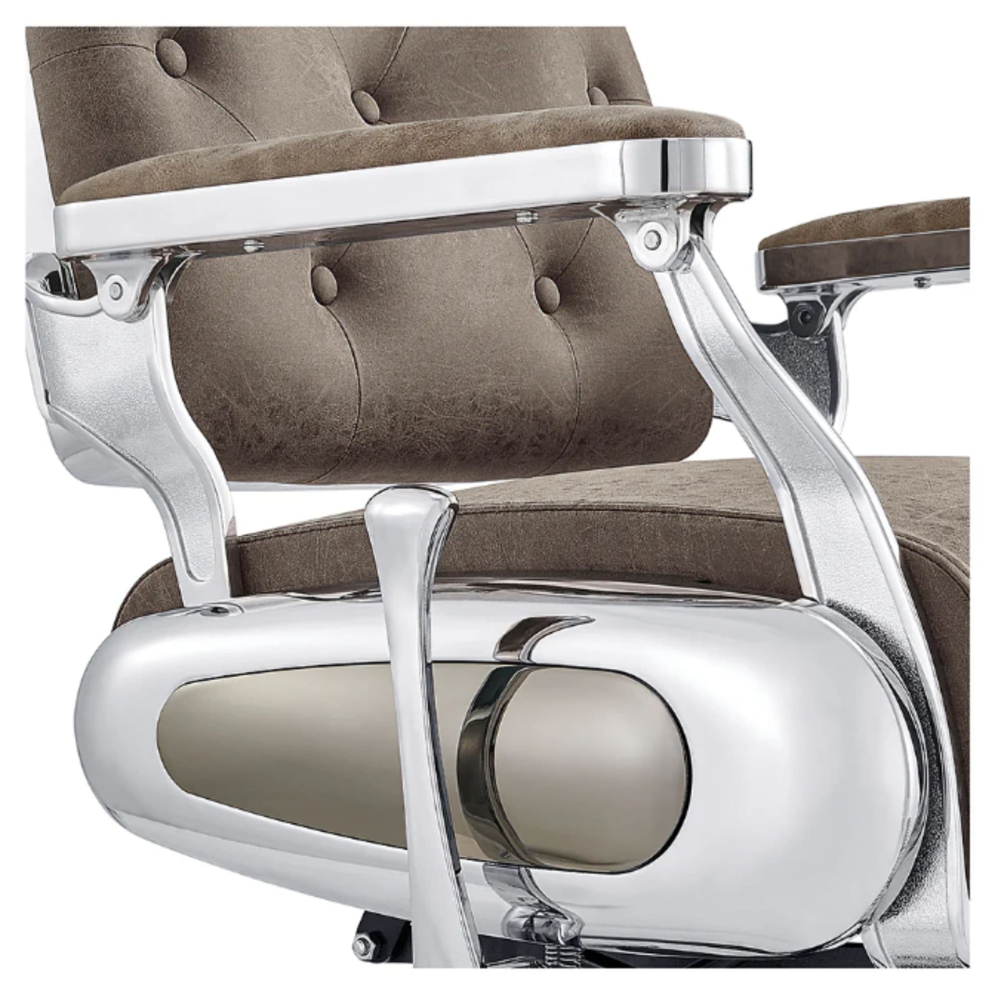 Titan Hydraulic Barber Chair Close-Up View Of Decorative Metallic Gold Armrest Support And Vintage Brown Upholstered Seat