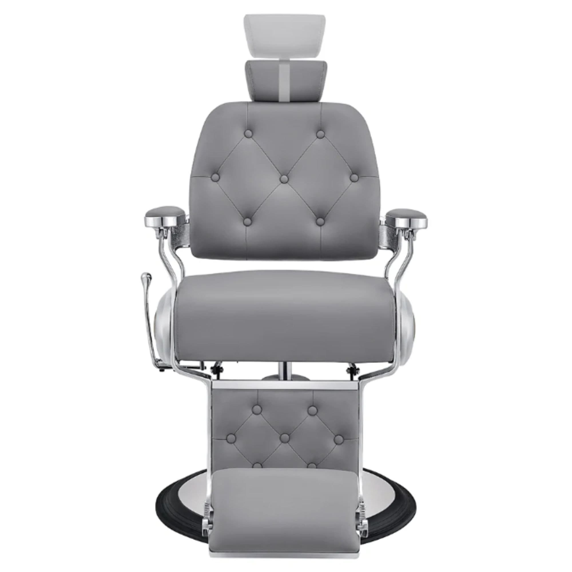 Titan Hydraulic Barber Chair Gray Variant Front View Demonstrating Pull Out Headrest Range On White Background