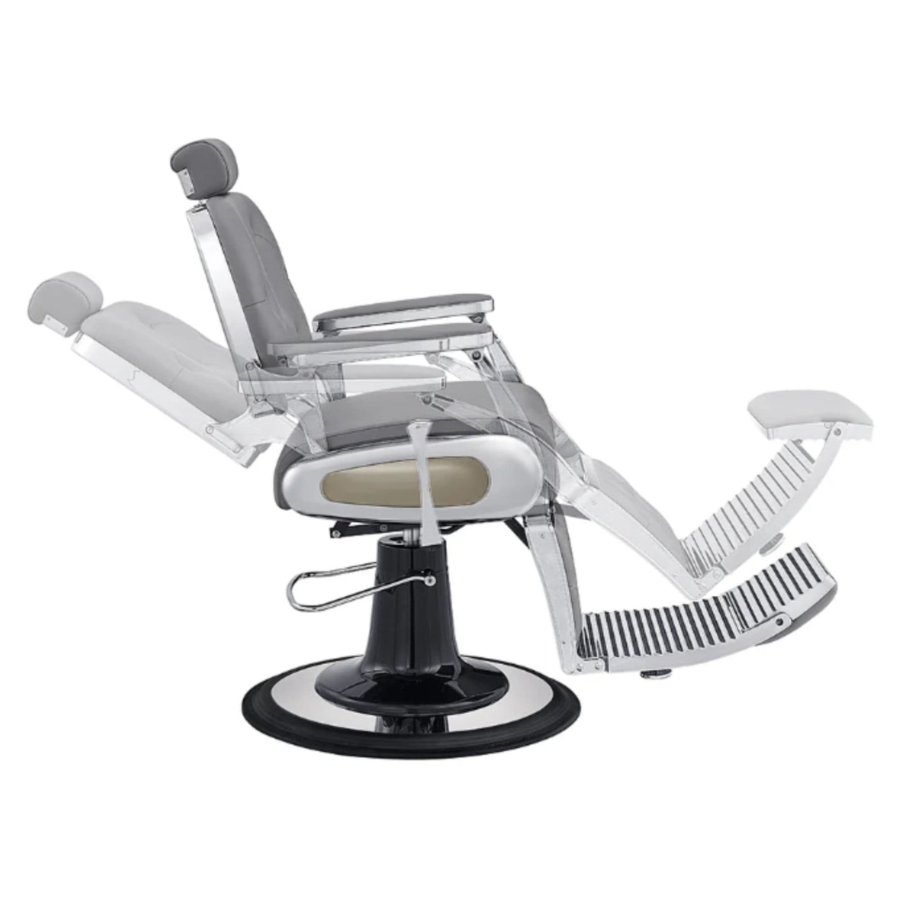 Titan Hydraulic Barber Chair Gray Variant Side View Demonstrating Swing Adjustment On White Background