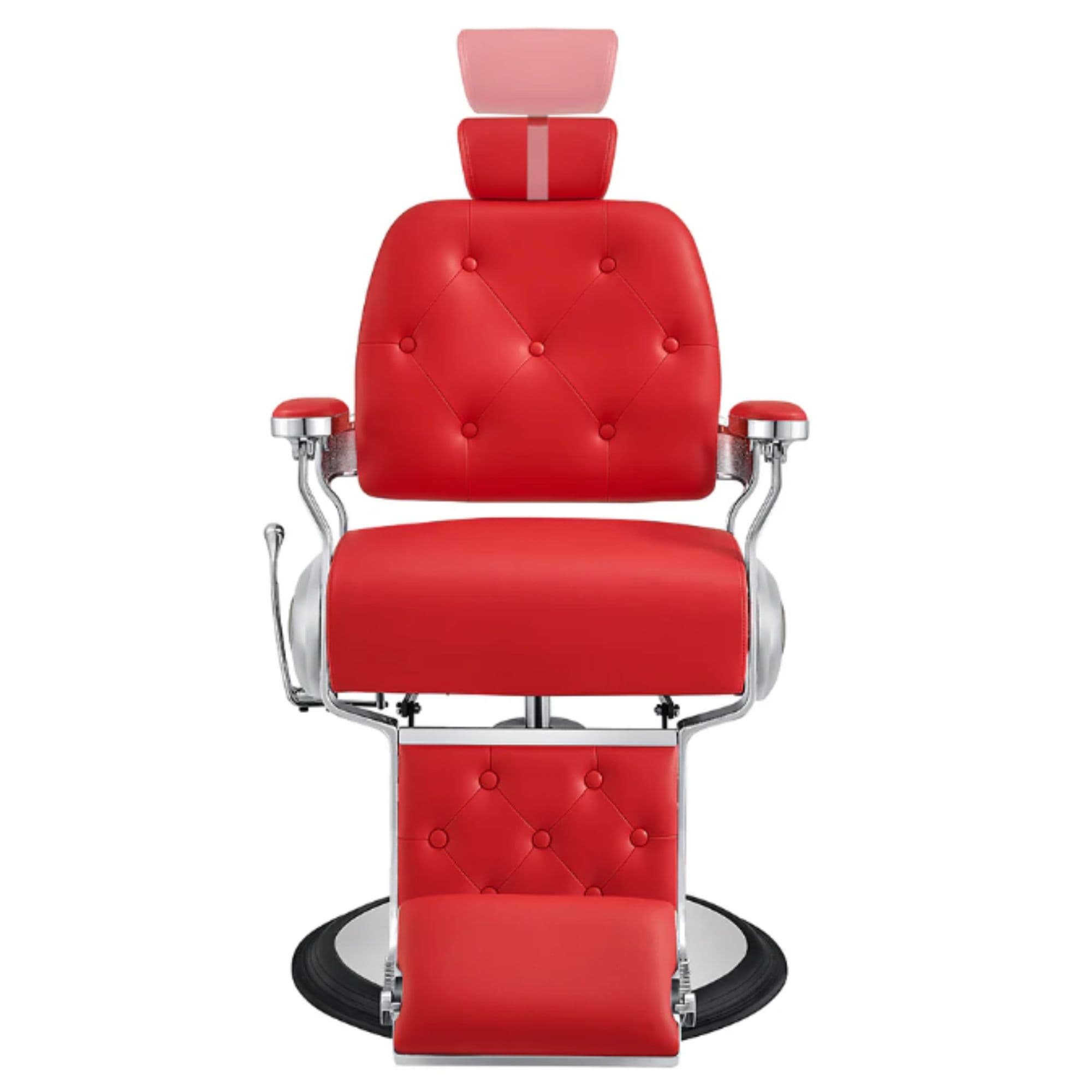 Titan Hydraulic Barber Chair Red Variant Front View Demonstrating Pull Out Headrest Range On White Background