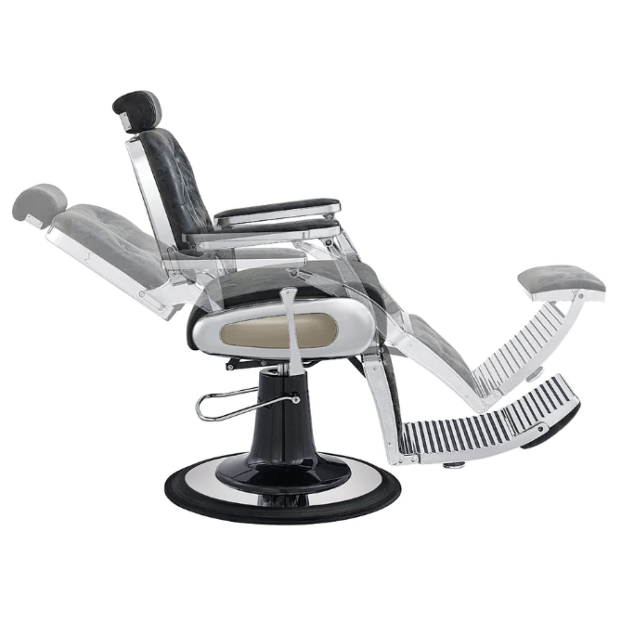 Titan Hydraulic Barber Chair Vintage Black Variant Side View Demonstrating Swing Adjustment On White Background