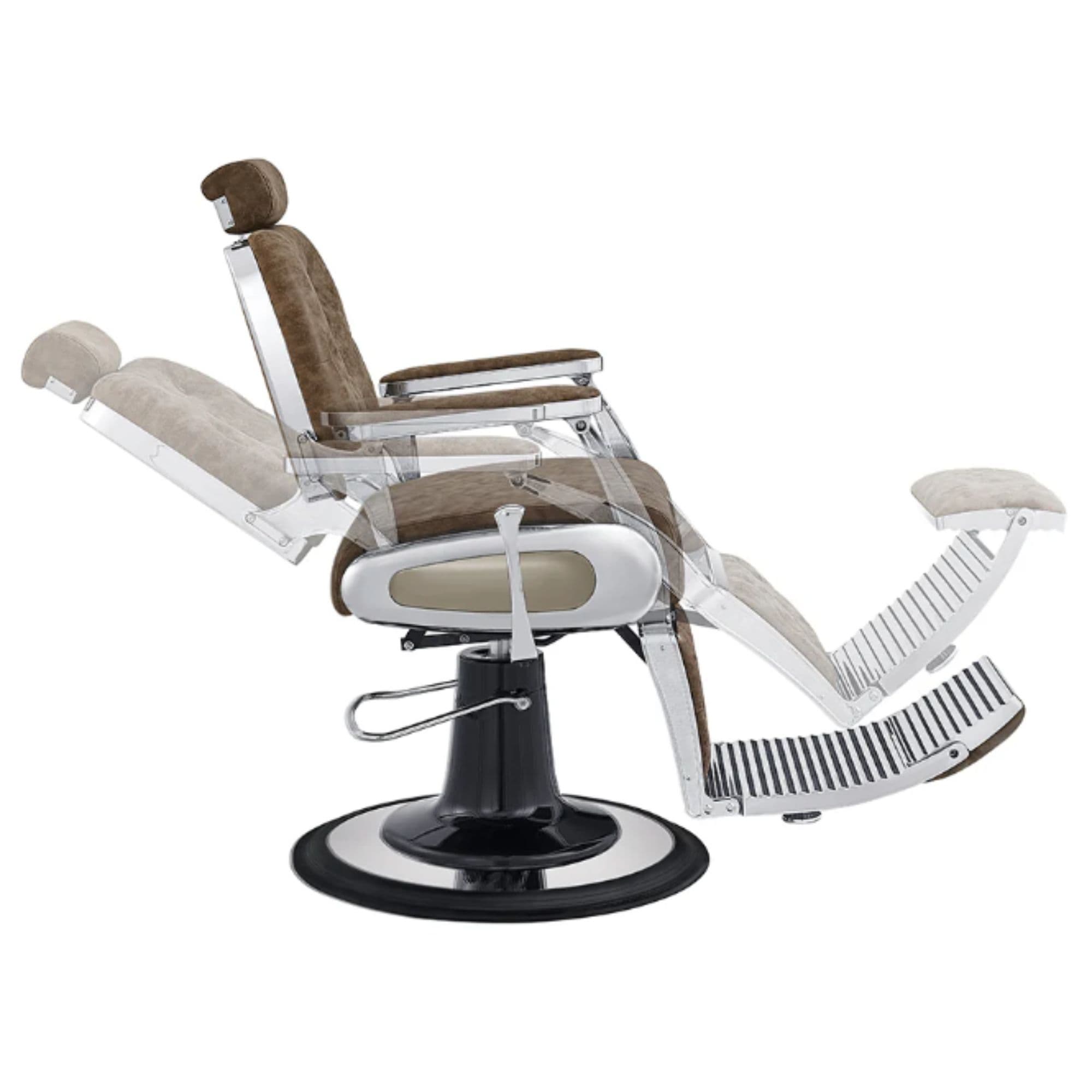 Titan Hydraulic Barber Chair Vintage Brown Variant Side View Demonstrating Swing Adjustment On White Background