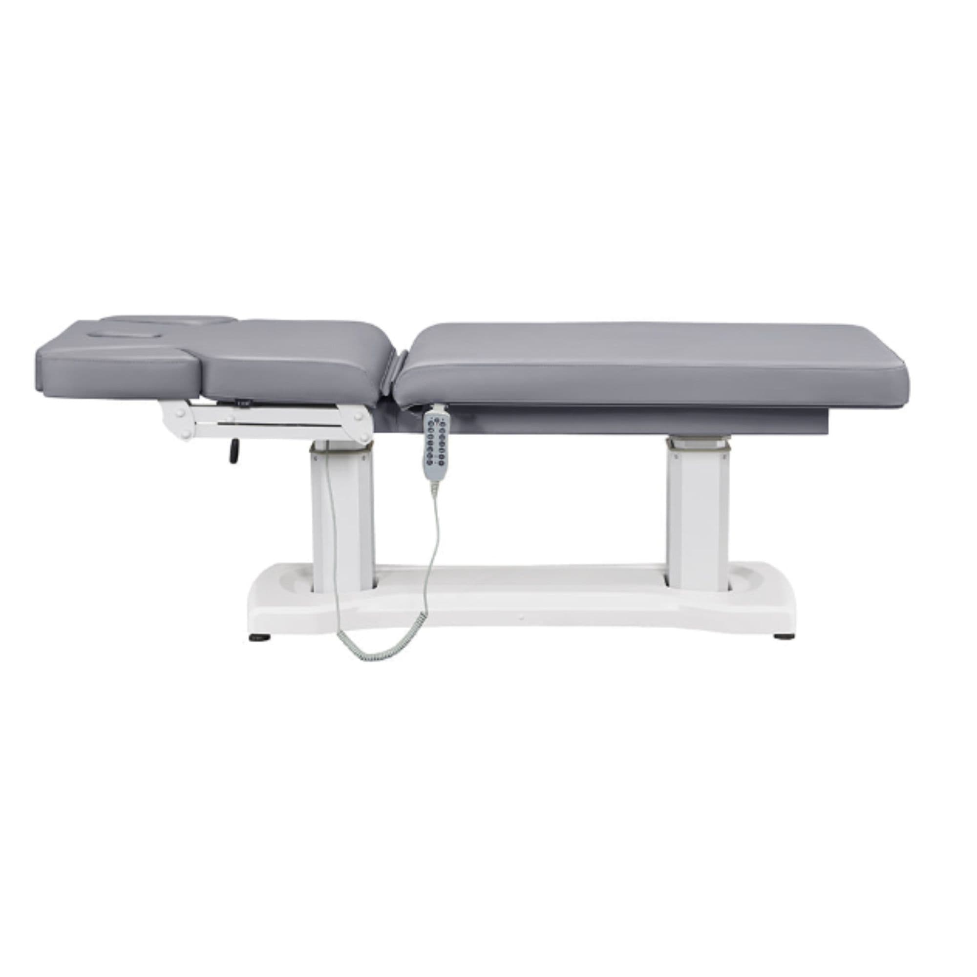 Tranquility 4-Motors Electric Medical Spa Treatment Table Gray Variant Side View Fully Reclined On White Background