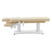 Tranquility 4-Motors Electric Medical Spa Treatment Table Side View And Fully Reclined Of Beige Variant With Slightly Adjusted Side Cushion And Remote Control On White Background