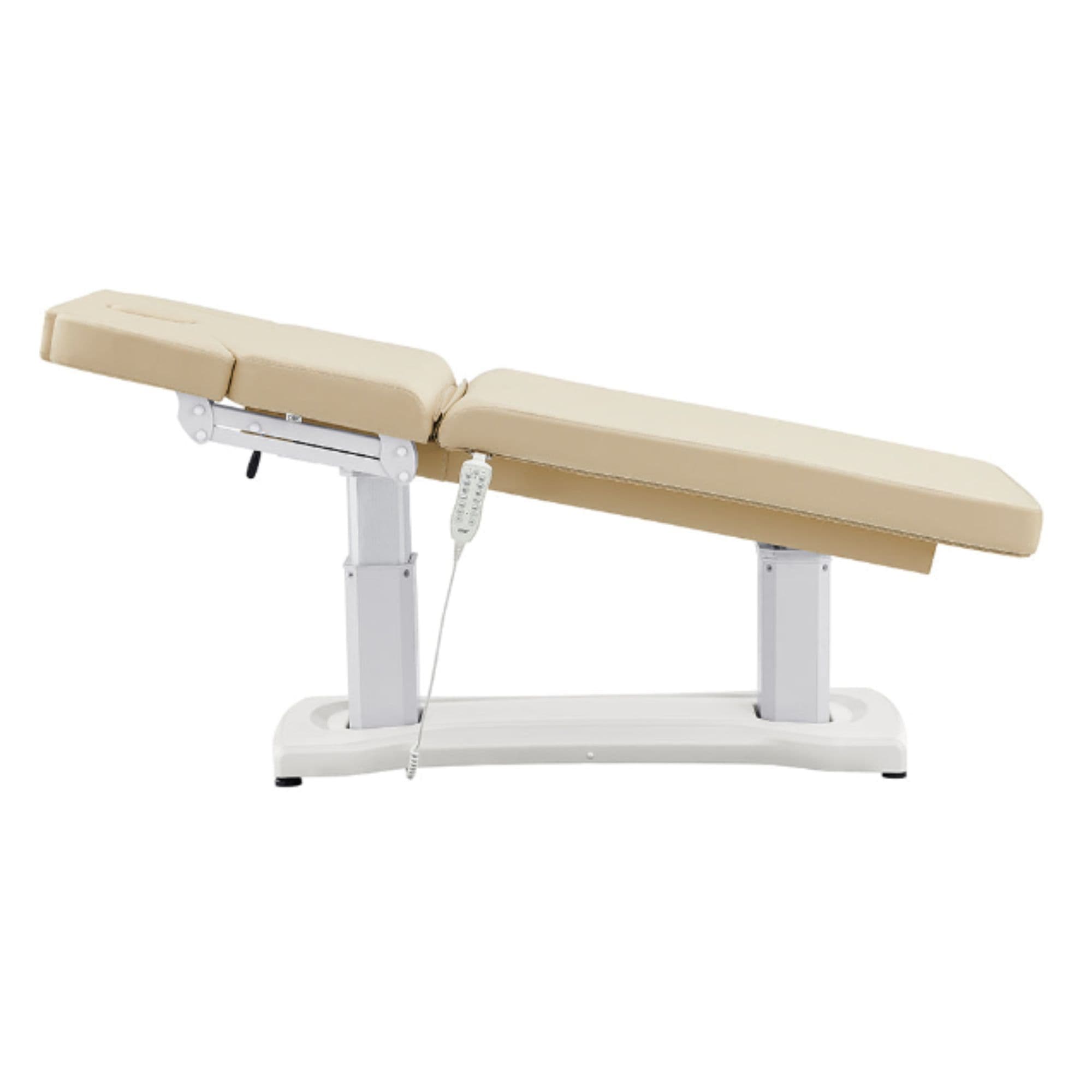 Tranquility 4-Motors Electric Medical Spa Treatment Table Side View Of Beige Variant Fully Reclined Chair And Raised Head Section With Remote Control On White Background