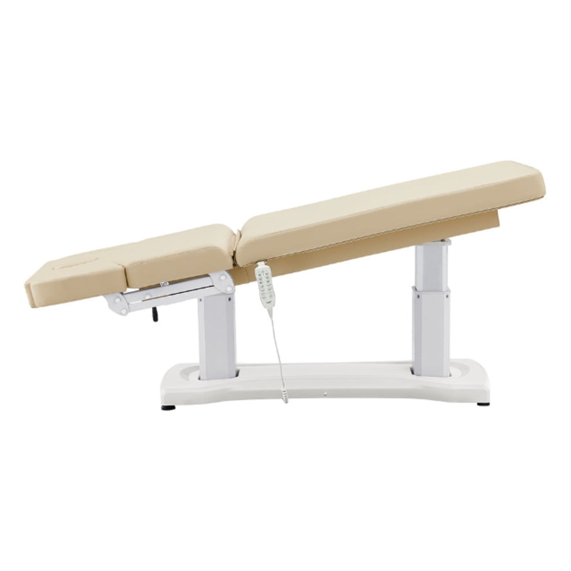 Tranquility 4-Motors Electric Medical Spa Treatment Table Side View Of Beige Variant Fully Reclined Chair With Raised Leg Section And Remote Control On White Background