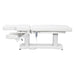 Tranquility 4-Motors Electric Medical Spa Treatment Table White Side View And Fully Reclined Of Black Variant With Slightly Adjusted Side Cushion And Remote Control On White Background