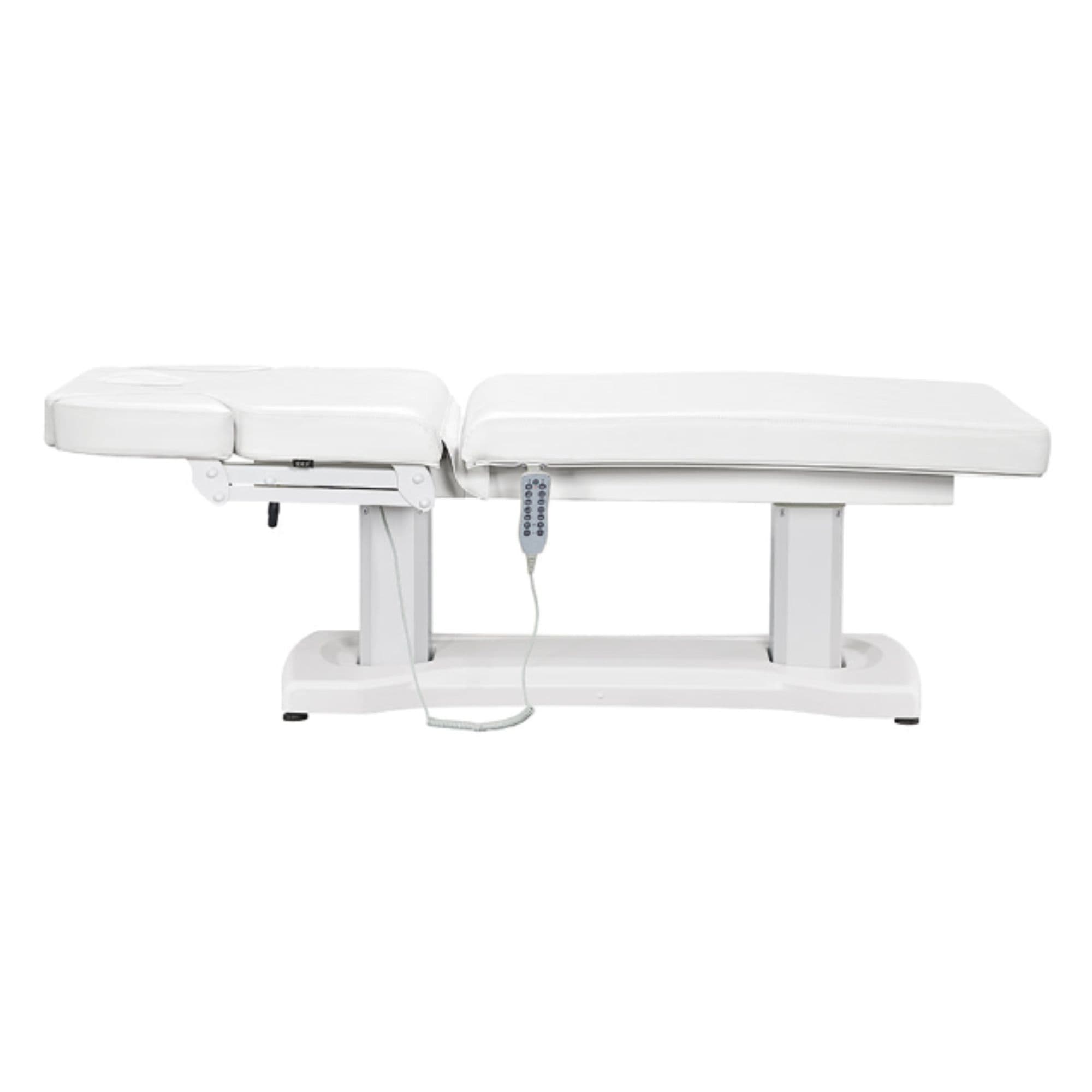 Tranquility 4-Motors Electric Medical Spa Treatment Table White Variant Side View Fully Reclined On White Background
