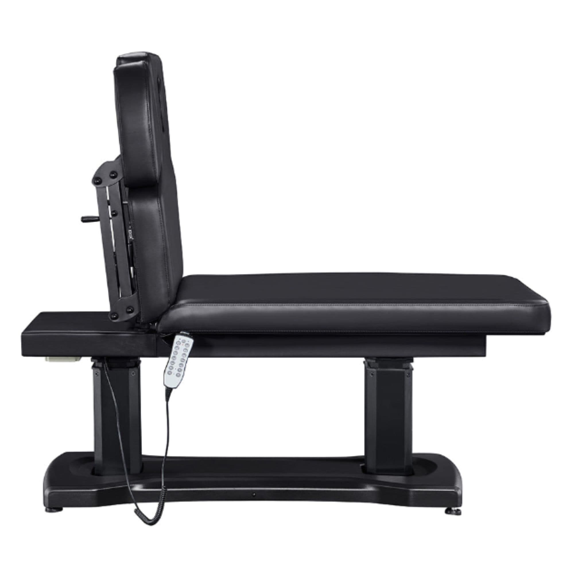 Tranquility Quad-Motor Medical Spa Treatment Table Side View Of Black Variant And Fully Reclined On Head Section With Remote Control On White Background
