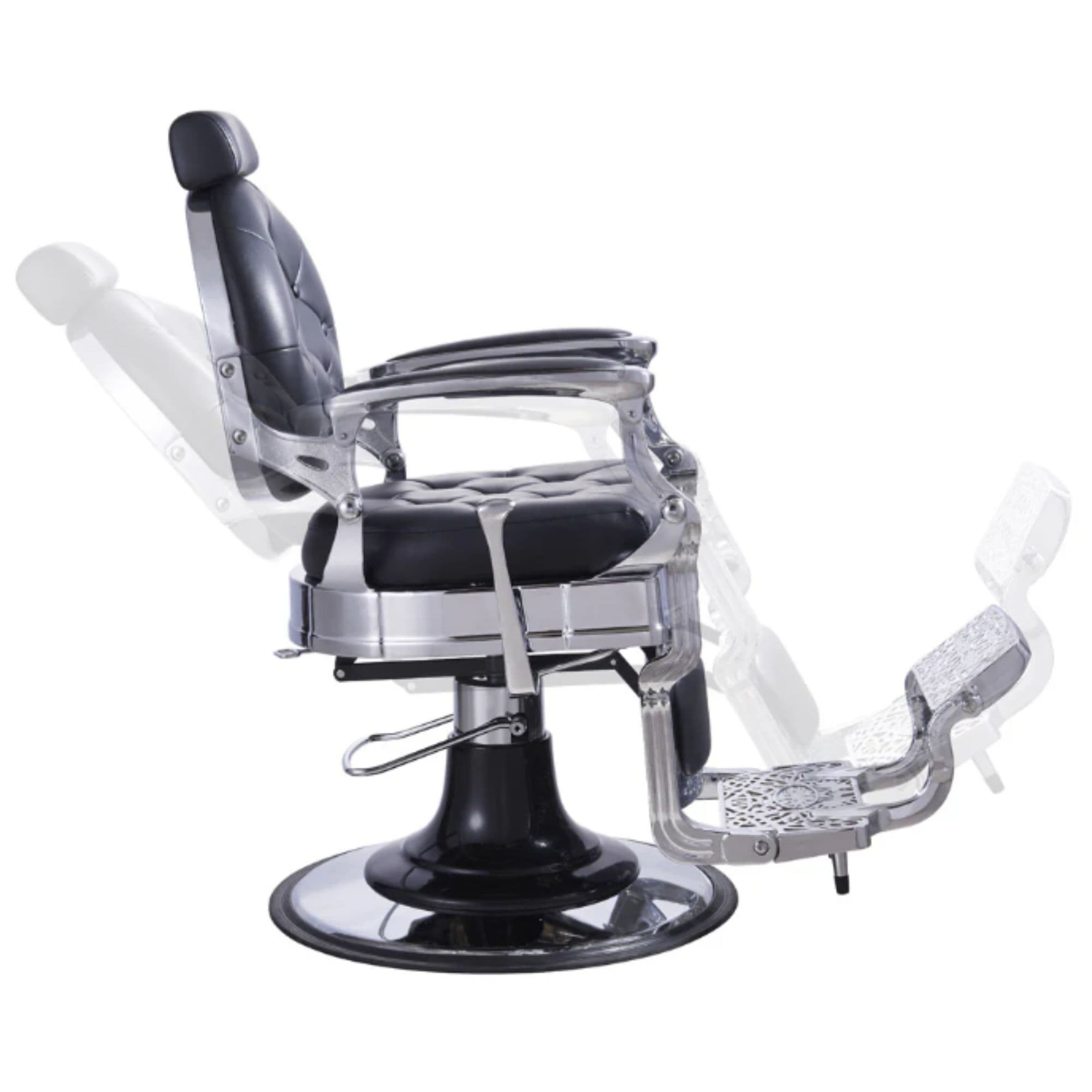 Vanquish Barber Chair Black Variant Side View Demonstrating Swing Adjustment On White Background
