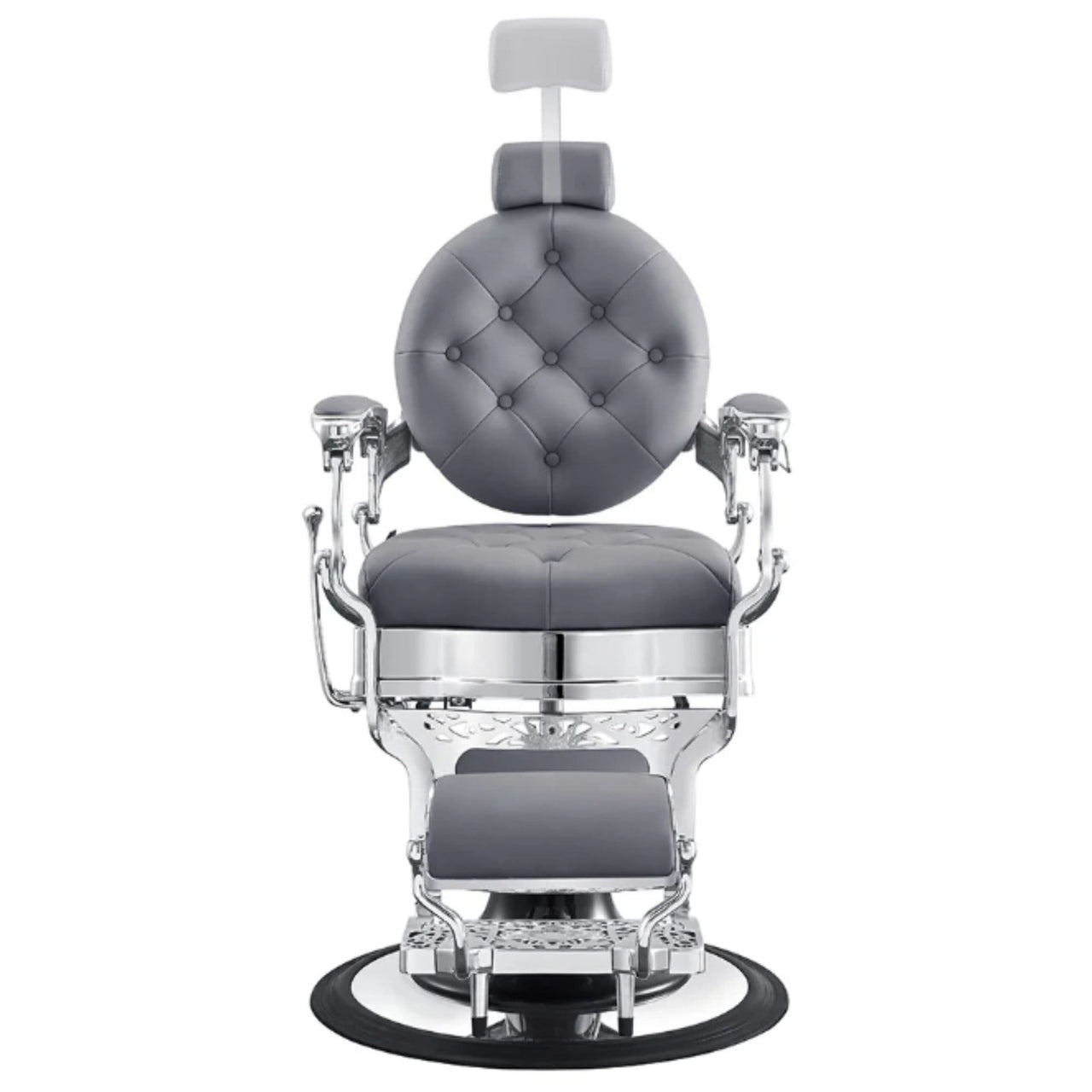 Vanquish Barber Chair Gray Variant Front View Demonstrating Pull Out Headrest Range On White Background