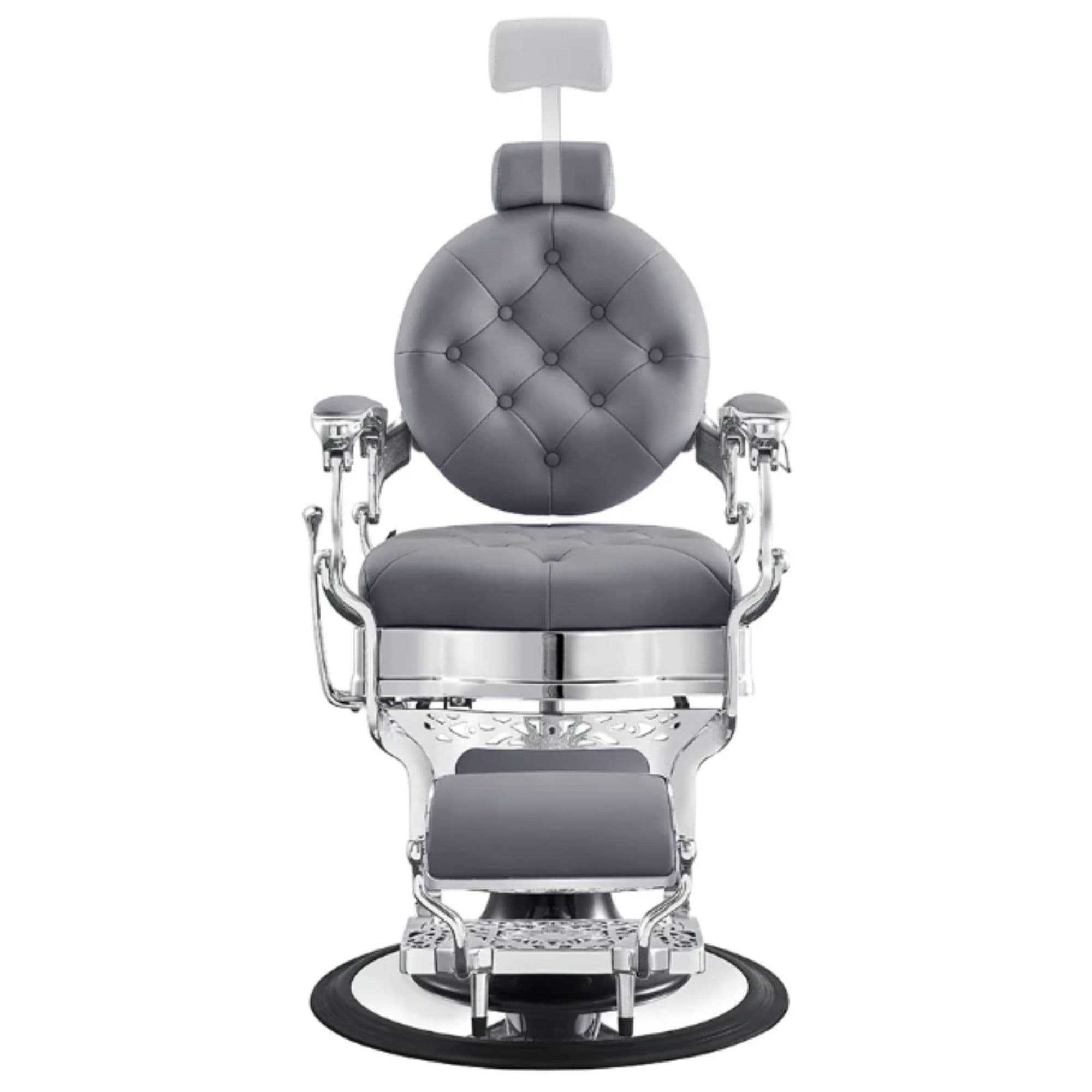 Vanquish Barber Chair Gray Variant Front View Demonstrating Pull Out Headrest Range On White Background