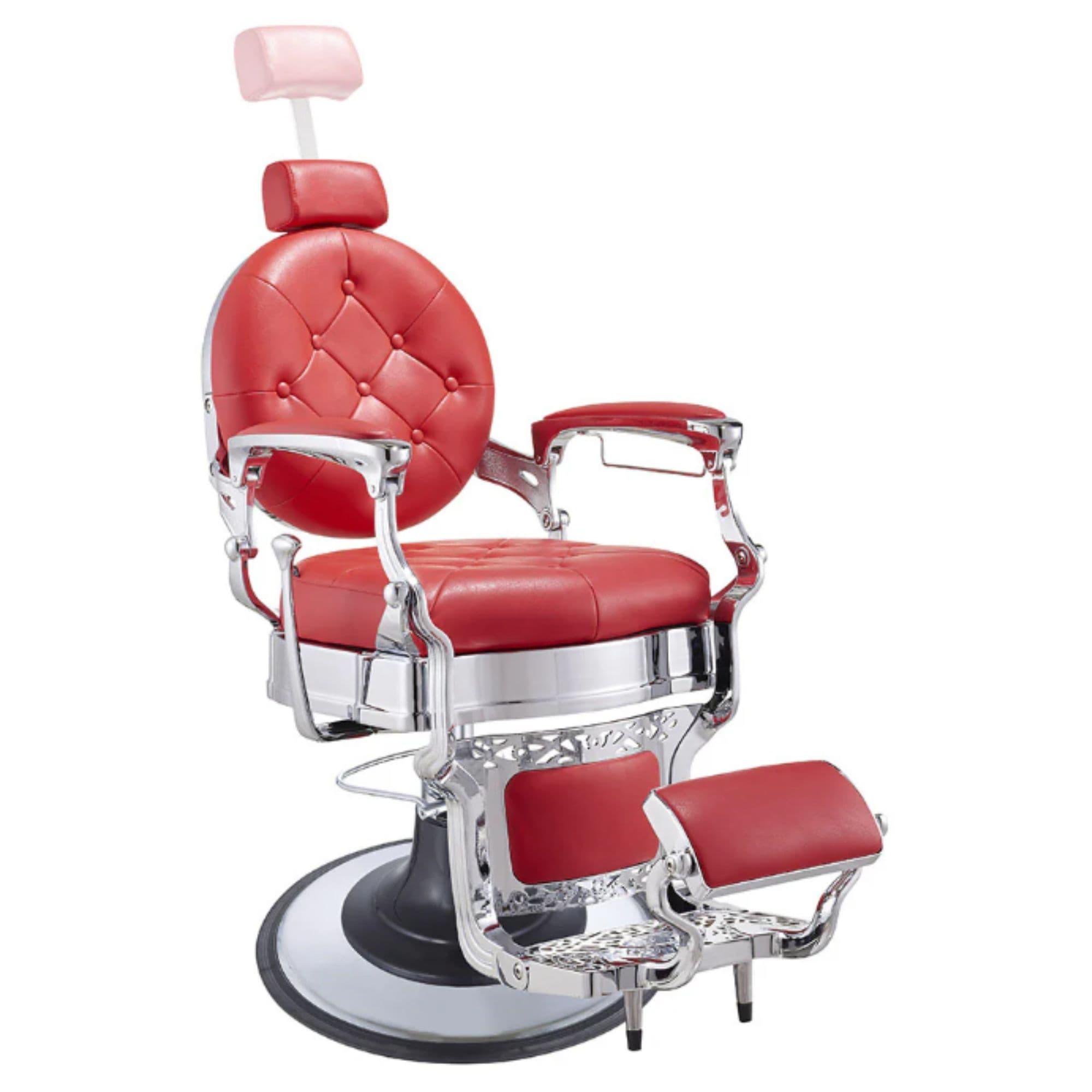Vanquish Modern Hydraulic Barber Chair Red Variant Side View Demonstrating Pull Out Headrest Range On White Background