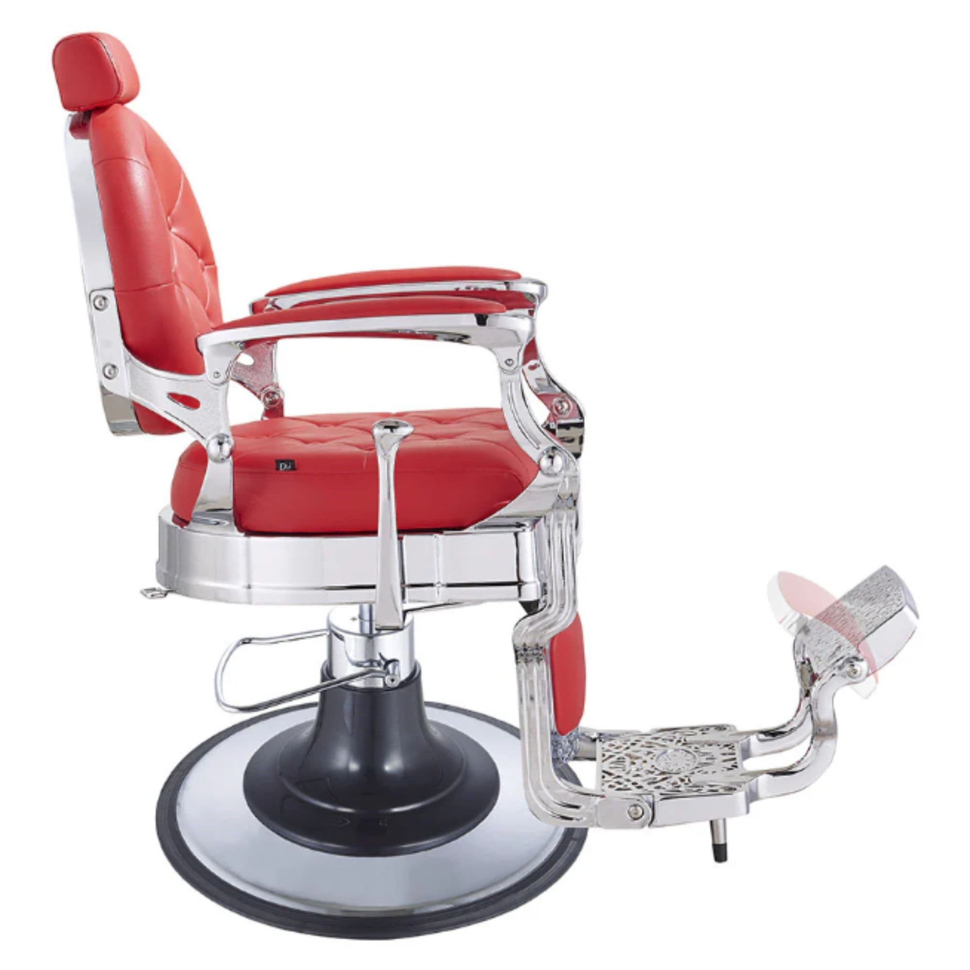 Vanquish Modern Hydraulic Barber Chair Red Variant Side View Demonstrating The Swing Range Of Foot Rest Extension On White Background