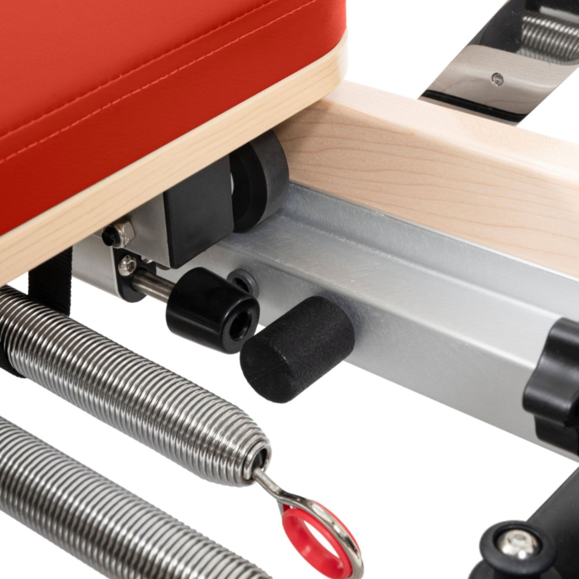 Vertical Pilates Reformer for Home Close-Up View Of Folding Lock And Internal Hardware