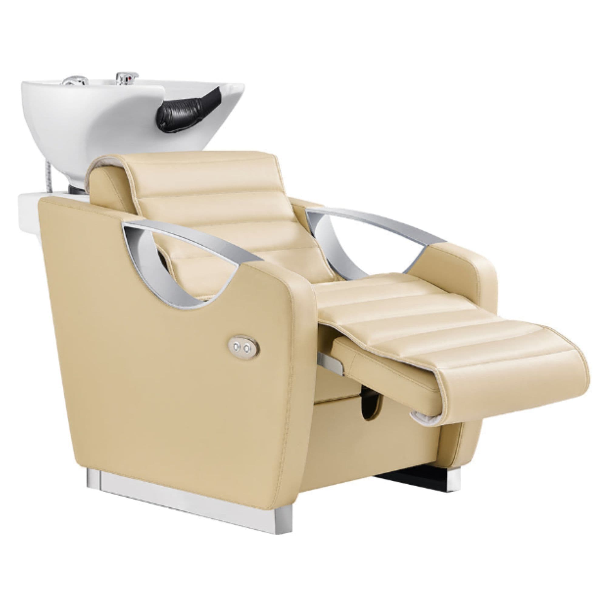 Victoria Electric Shampoo Backwash Unit Beige Front Angled View Of White Single Shampoo Wash Station With Extended Leg Rest