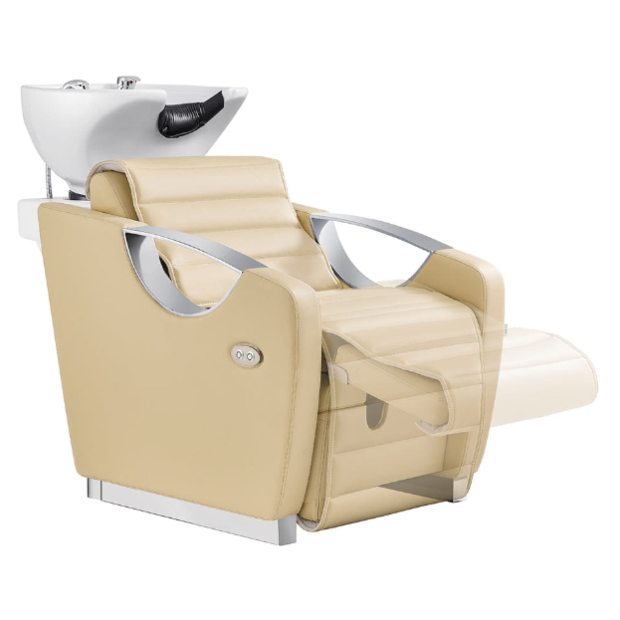 Victoria Electric Shampoo Backwash Unit Beige Front Angled View Of White Single Shampoo Wash Station With Extended Leg Rest Demo