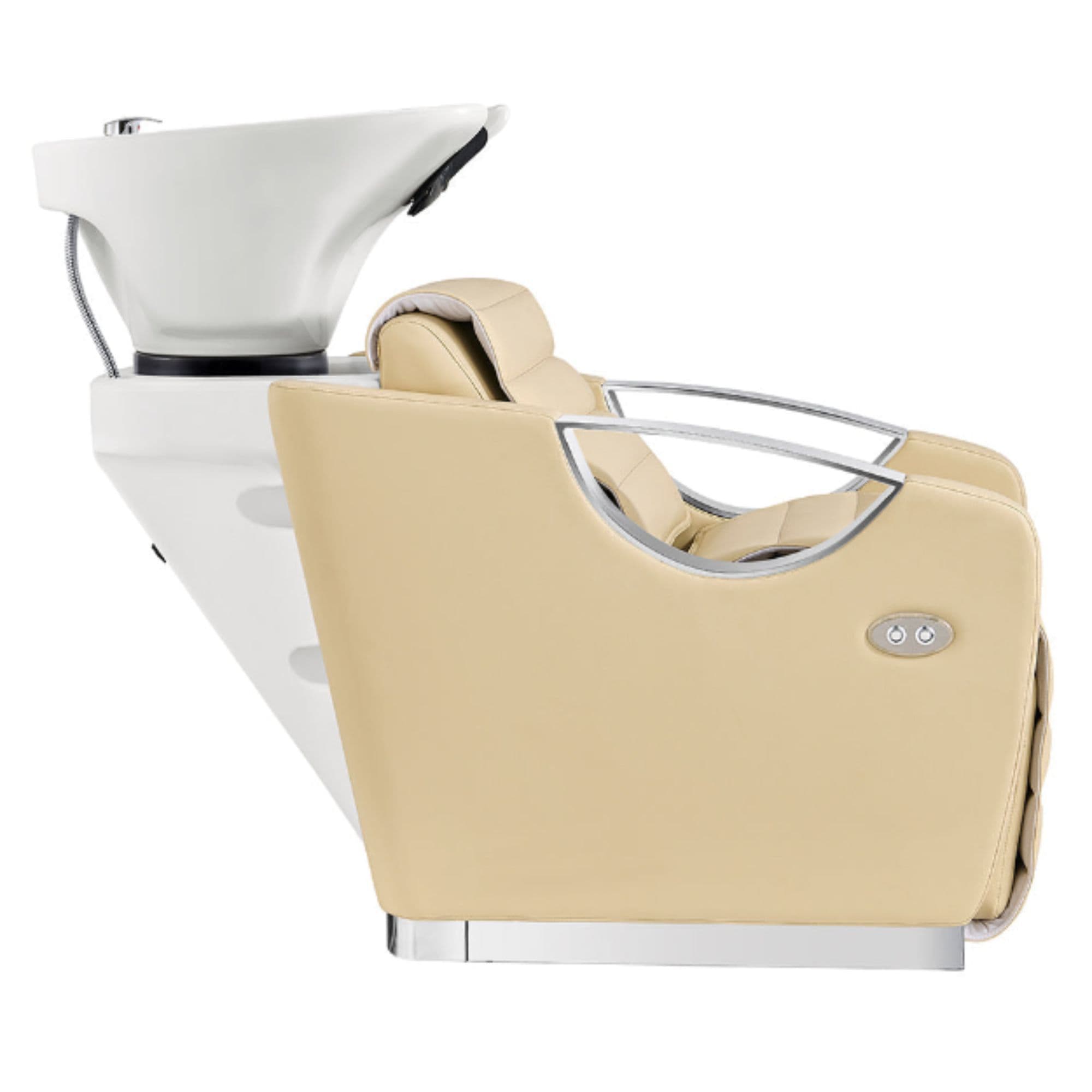 Victoria Electric Shampoo Backwash Unit Beige Side View With White Single Sink On Clean Background