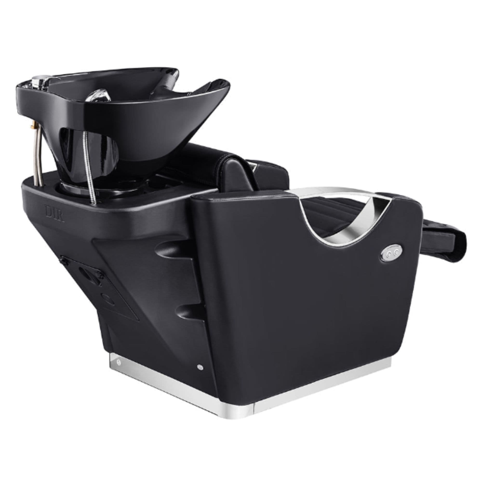 Victoria Electric Shampoo Backwash Unit Black Rear Angled View With Sink And Extended Leg Rest