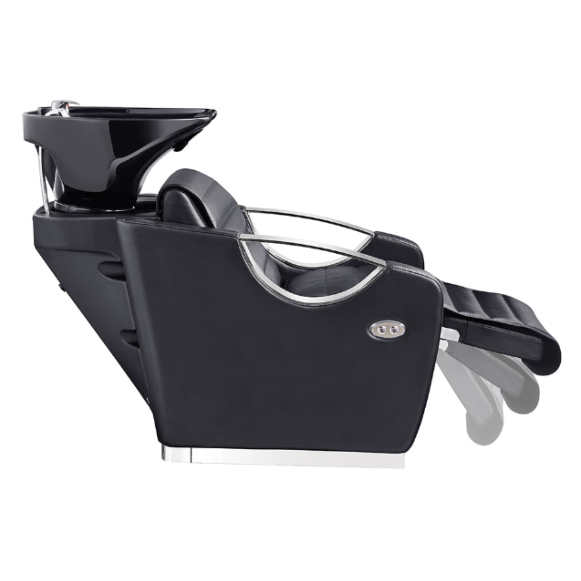 Victoria Electric Shampoo Backwash Unit Black Side View With Black Single Shampoo Wash Station And Extended Leg Rest