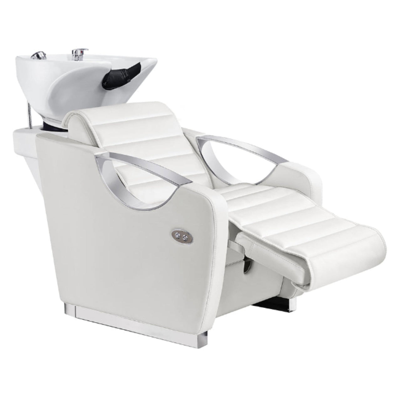 Victoria Electric Shampoo Backwash Unit White Front Angled View Of White Single Shampoo Wash Station With Extended Leg Rest