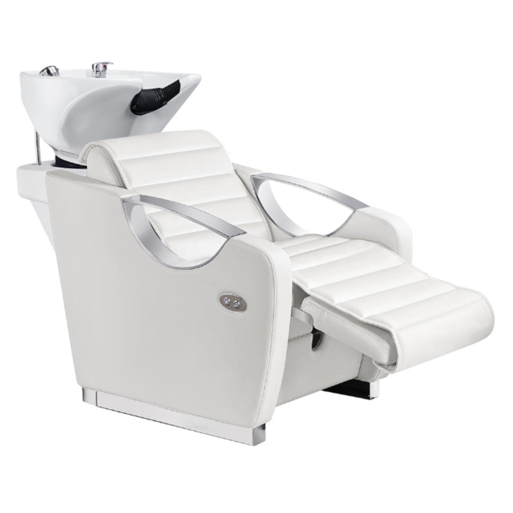 Victoria Electric Shampoo Backwash Unit White Front Angled View Of White Single Shampoo Wash Station With Extended Leg Rest