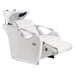 Victoria Electric Shampoo Backwash Unit White Front Angled View Of White Single Shampoo Wash Station With Extended Leg Rest