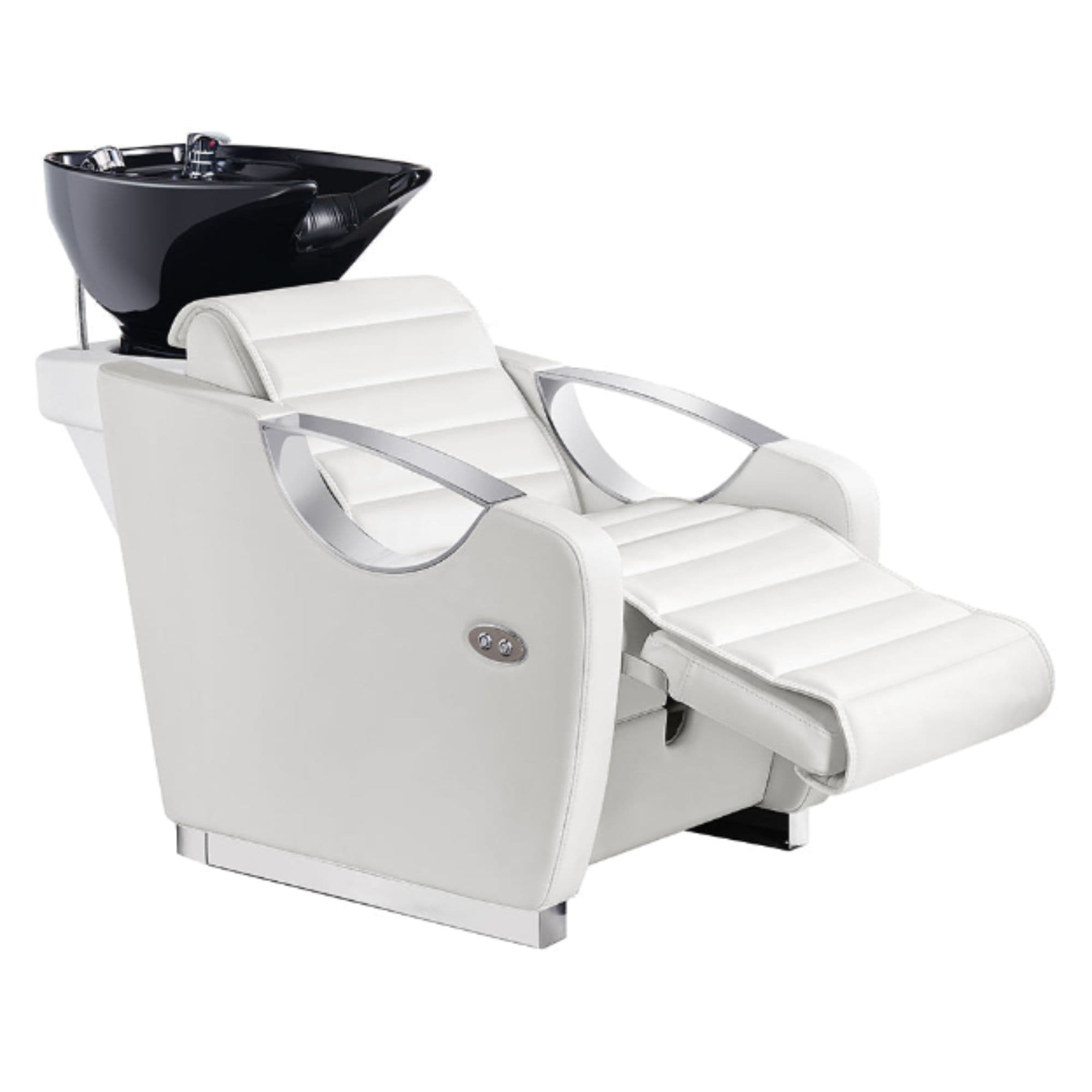 Victoria Electric Shampoo Backwash Unit White Front Angled View With Black Sink And Extended Leg Rest