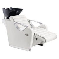 Thumbnail for Victoria Electric Shampoo Backwash Unit White Front Angled View With Black Sink And Extended Leg Rest