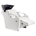 Victoria Electric Shampoo Backwash Unit White Front Angled View With Black Sink And Extended Leg Rest
