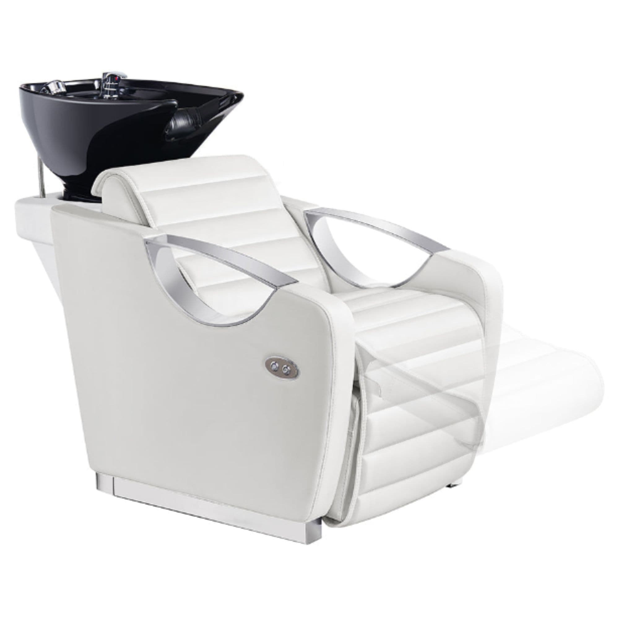 Victoria Electric Shampoo Backwash Unit White Front Angled View With Black Sink  And Extended Leg Rest Demo
