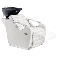 Thumbnail for Victoria Electric Shampoo Backwash Unit White Front Angled View With Black Sink  And Extended Leg Rest Demo