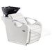 Victoria Electric Shampoo Backwash Unit White Front Angled View With Black Sink  And Extended Leg Rest Demo