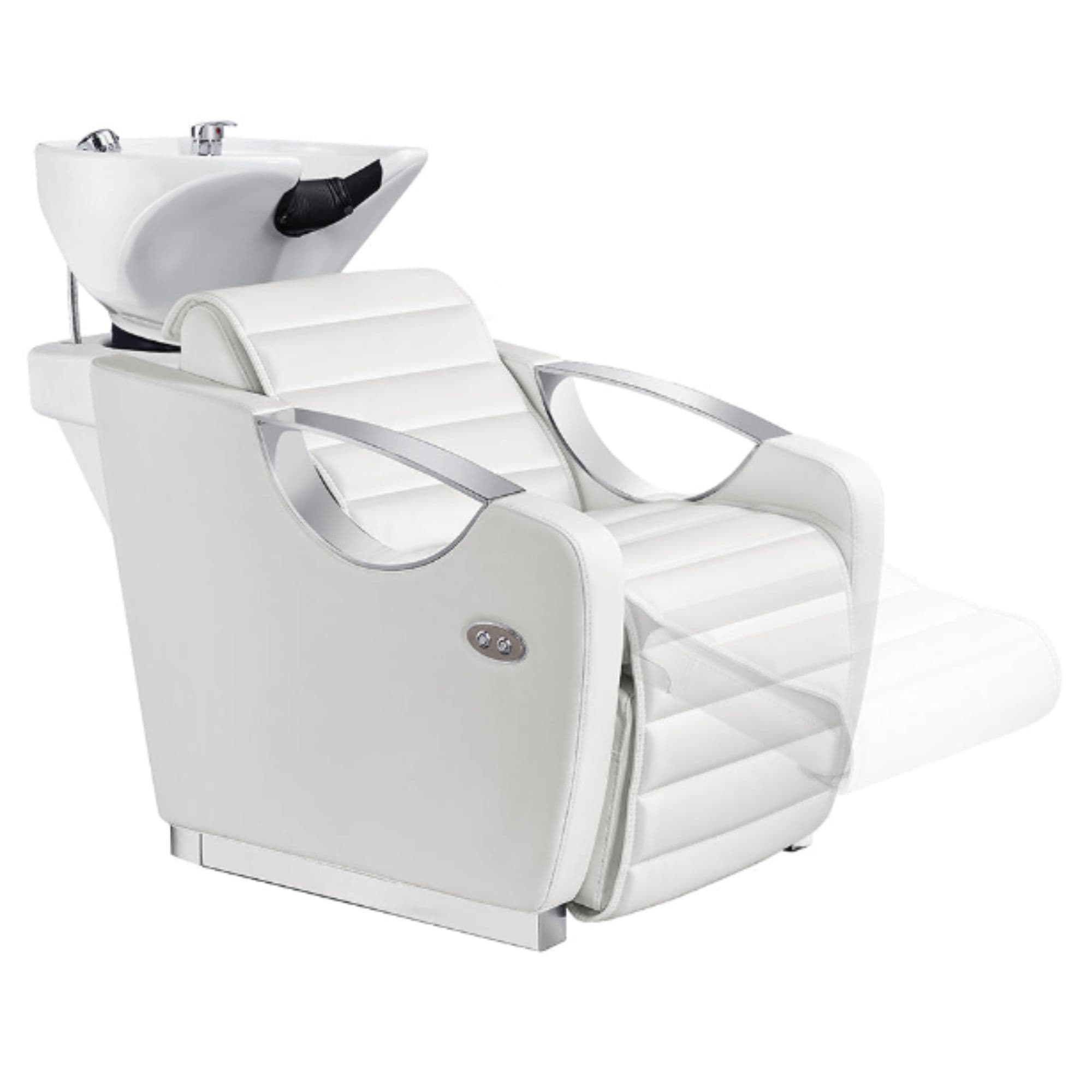 Victoria Electric Shampoo Backwash Unit White Front Angled View With White Sink And Extended Leg Rest Demo