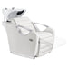 Victoria Electric Shampoo Backwash Unit White Front Angled View With White Sink And Extended Leg Rest Demo