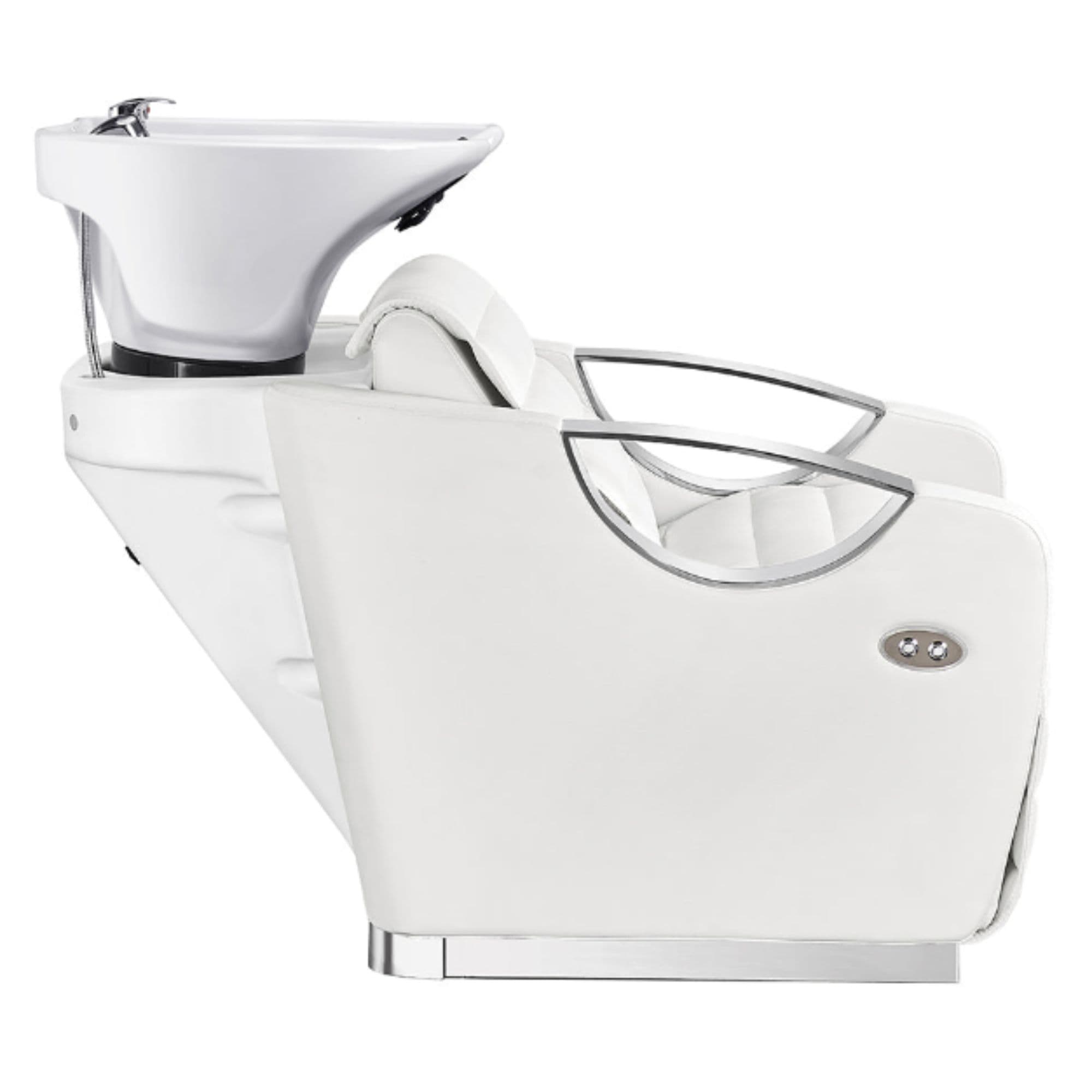 Victoria Electric Shampoo Backwash Unit White Side View With White Single Shampoo Wash Station